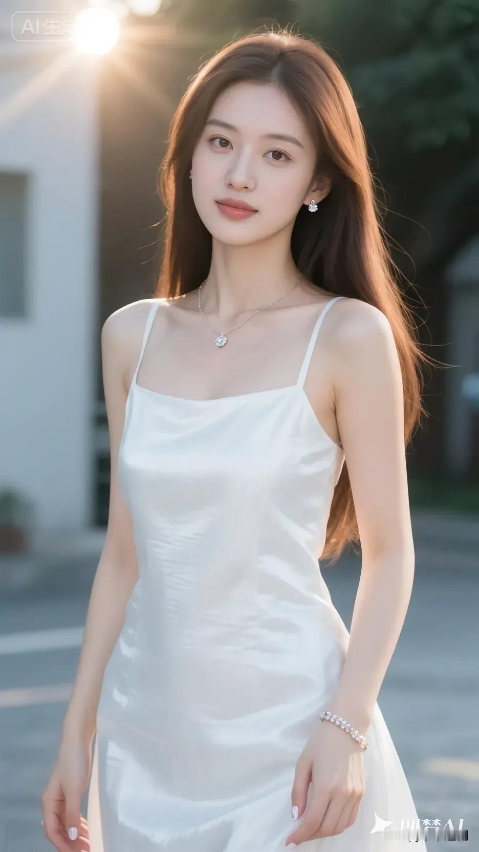 白缎裙装裹着清甜气质，钻饰在鎏金夕阳里漾着细碎光泽，暖棕长发轻垂间，是属于傍晚街