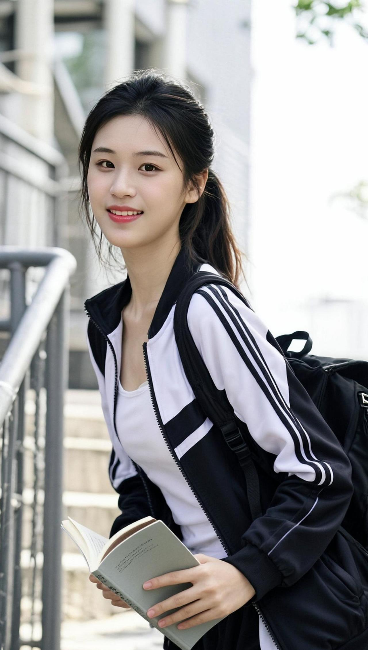 街拍写真里，黑白条纹的运动外套搭配简约背包，青春感扑面而来。楼梯间的光影交错，仿
