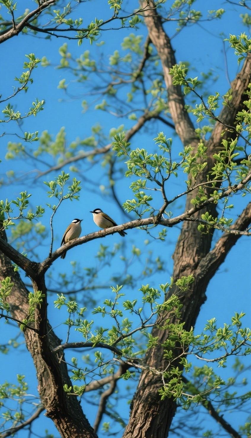 精美壁纸（691）🌈📝这幅摄影作品以浓烈的蓝色为主调，搭配青棕色的树干与枝