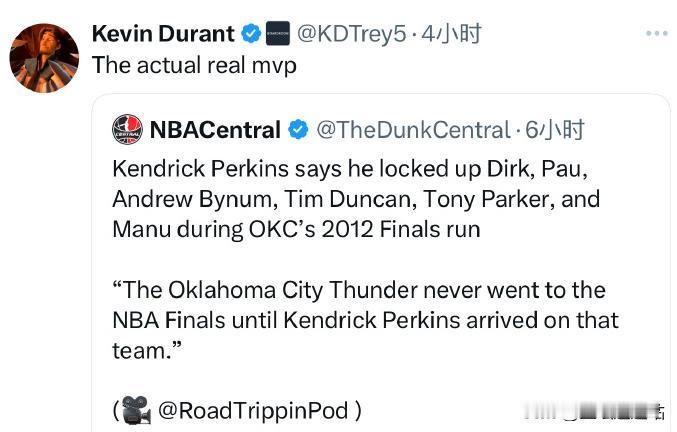 杜兰特：帕金斯才是MVP！嘴炮比打球厉害的典型代表-帕金斯！最近又出新的论调了
