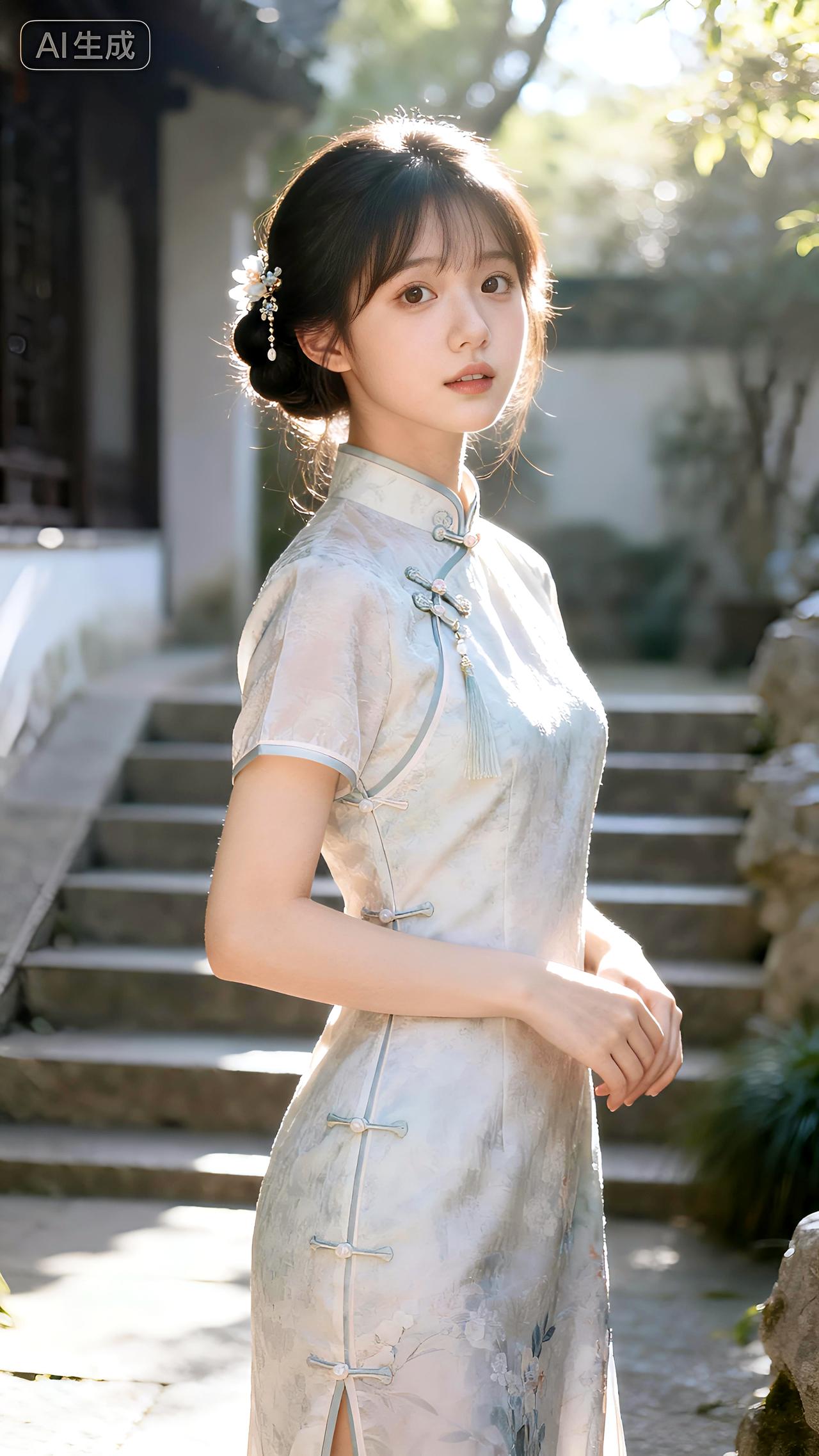 午后庭院石阶旁，她身着改良旗袍盘发温婉，一颦一笑皆是东方韵味。分享美女系列精美壁