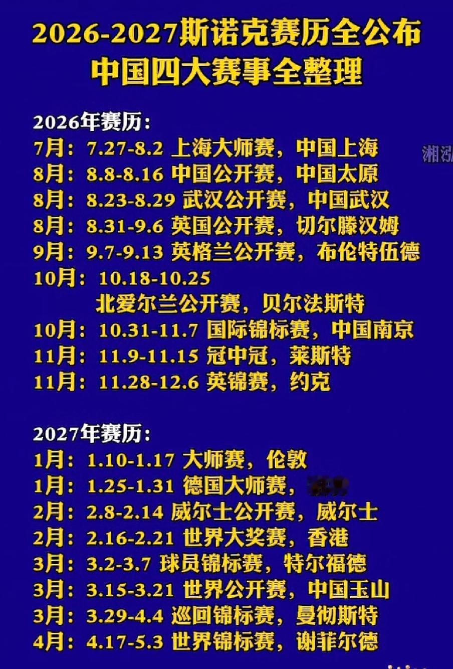 斯诺克26/27赛季赛事一览表​斯诺克25/26赛季基本已经告