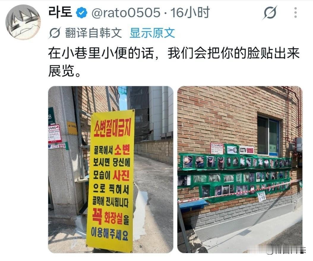 一位韩国博主在社交平台发帖，严肃地说了一件事：在韩国某条小巷的砖墙上，挂着一排排