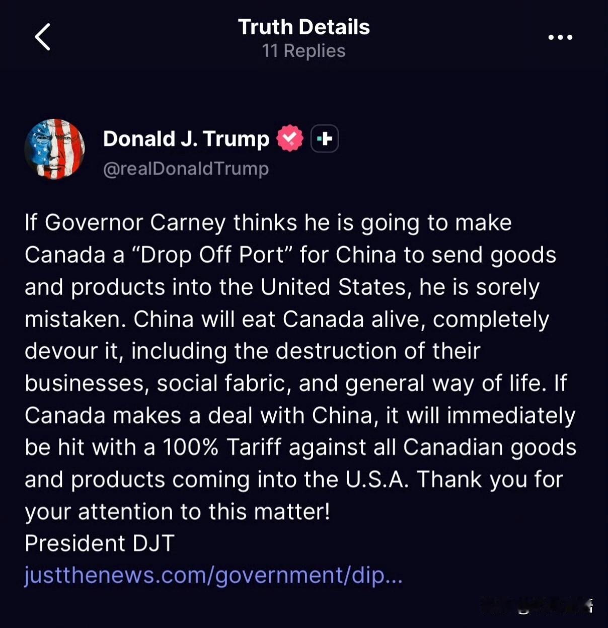 特朗普放话威胁：若加拿大胆敢与中国达成协议，美国将对其商品征100%关税。华盛