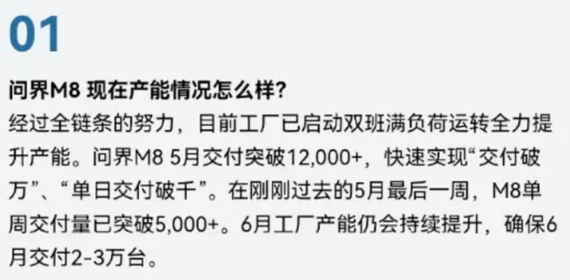 问界M8开始全力爆兵，确保6月交付2~3万台，大概率月度交付量数据会超过理想L6