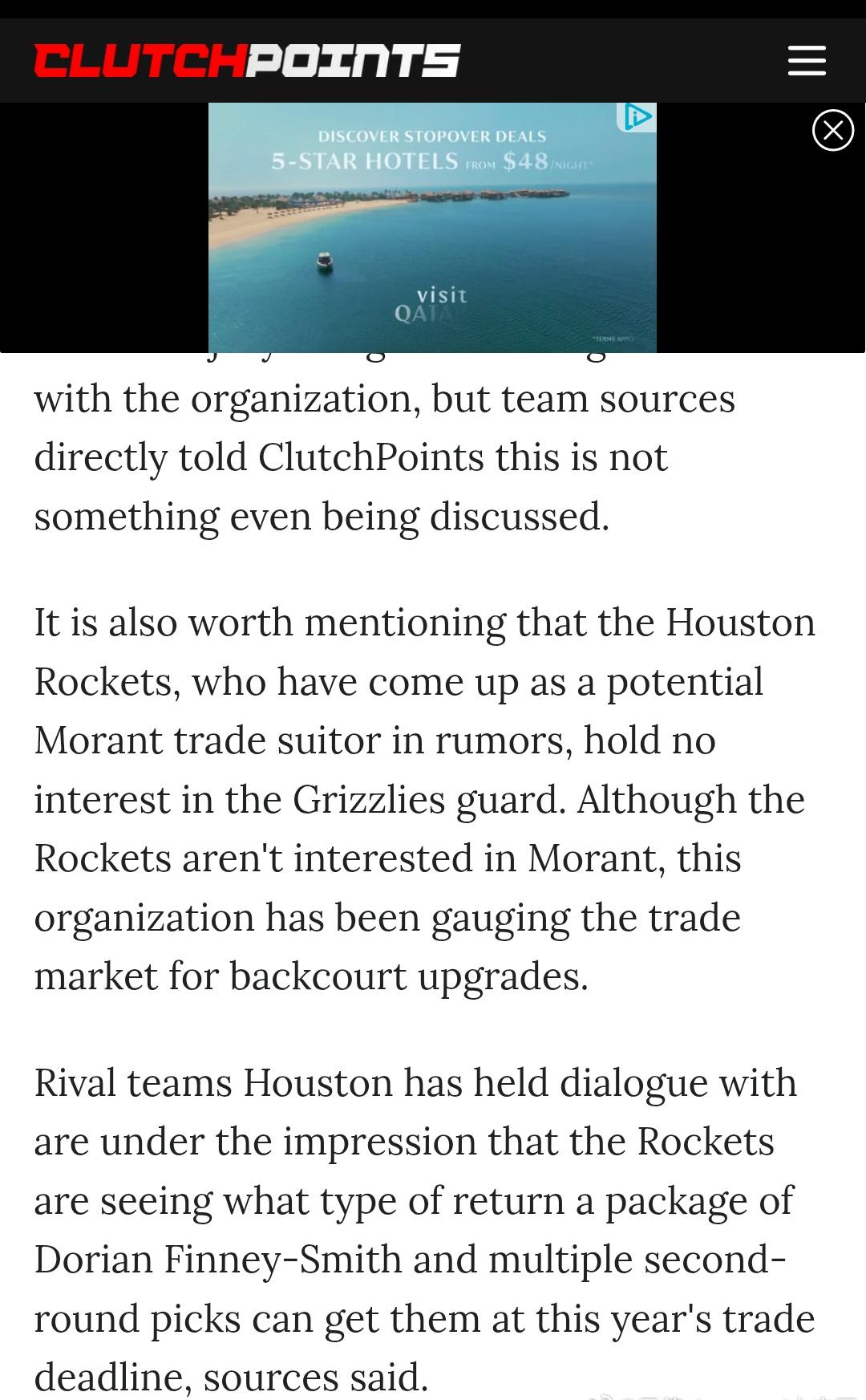 和火箭讨论过交易的球队表示：火箭计划升级后场并正在评估：多里安·芬尼-史密斯