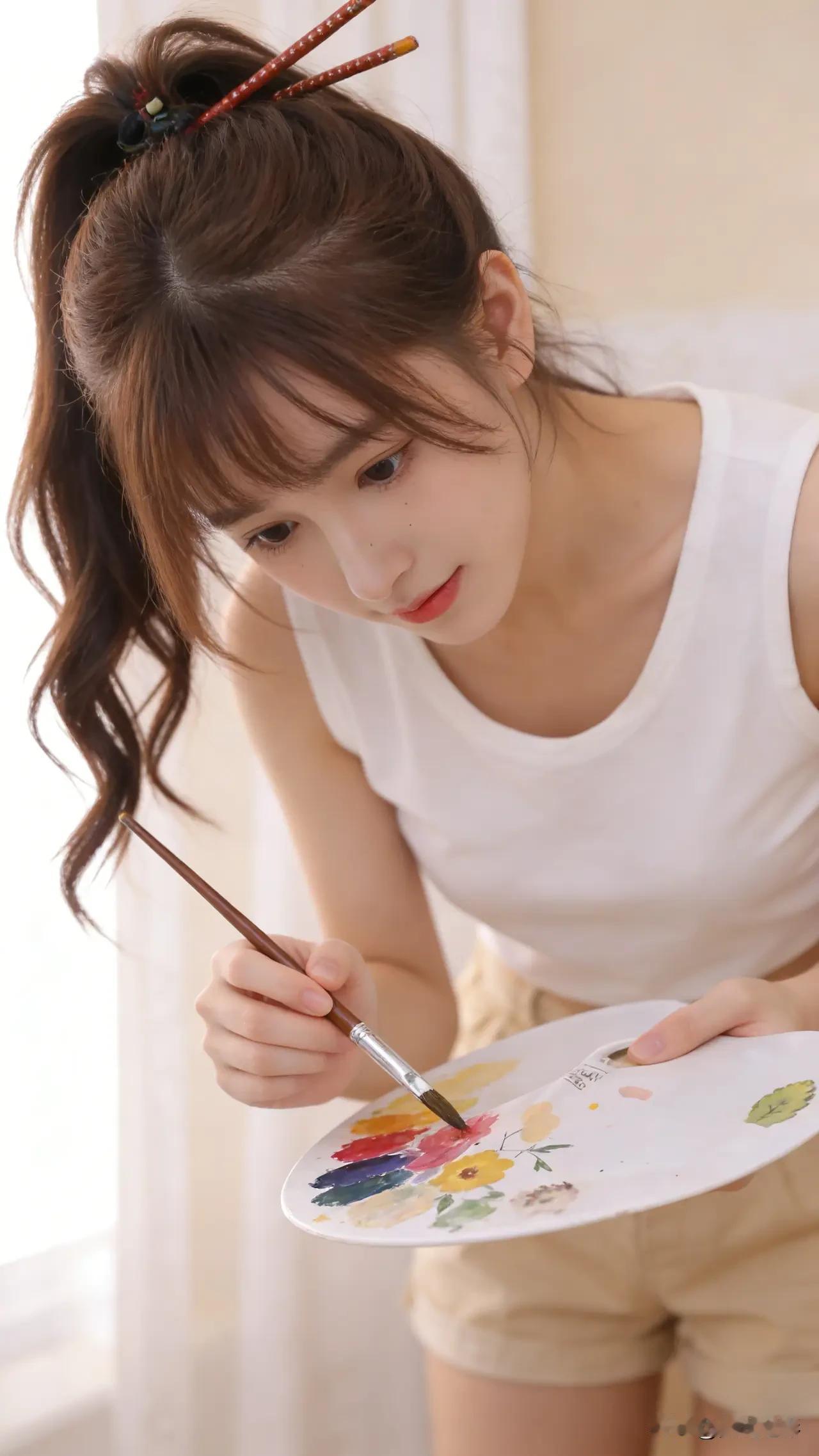 光之影阳光洒进来的午后，少女专注作画的瞬间。秋日少女照少女肖像画