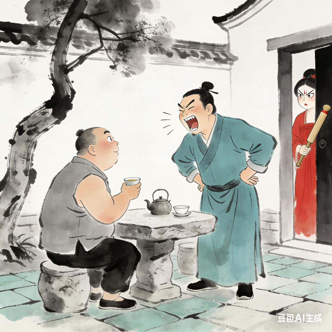 古代夫妻搞笑段子一日，丈夫跟邻人吹嘘：“在家我说一，我婆娘绝不敢说二！”话音