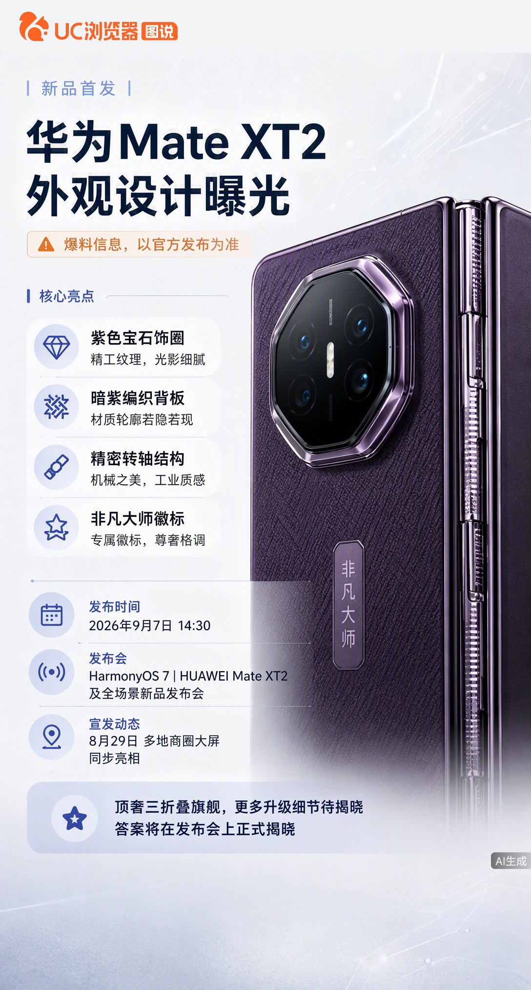 华为MateXT2外观首曝！多地商圈大屏放出局部细节，紫色宝石质感镜头圈配编织纹理背板，非凡大师徽标