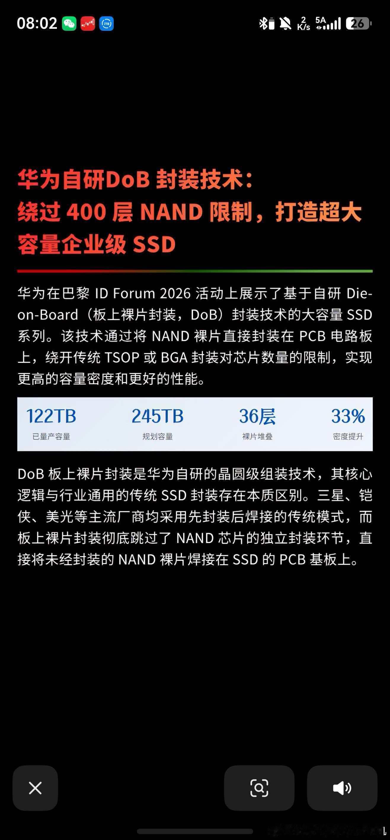 华为自研DoB封装技术：绕过400层NAND限制，打造超大容量企业级SSD。其