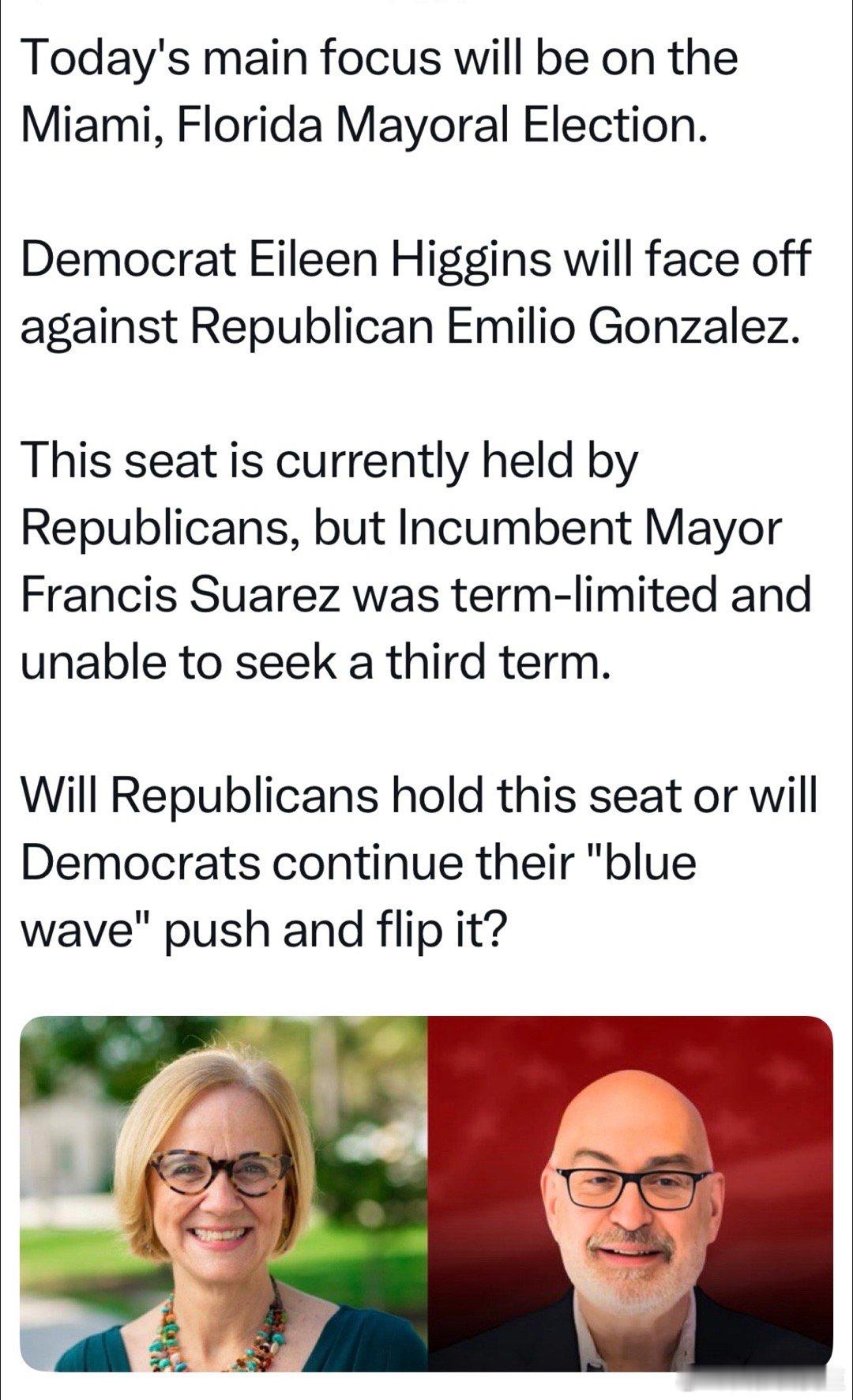 今天迈阿密市长选举，普遍预测民主党获胜将是迈阿密近三十年来，第一次民主党当选市长