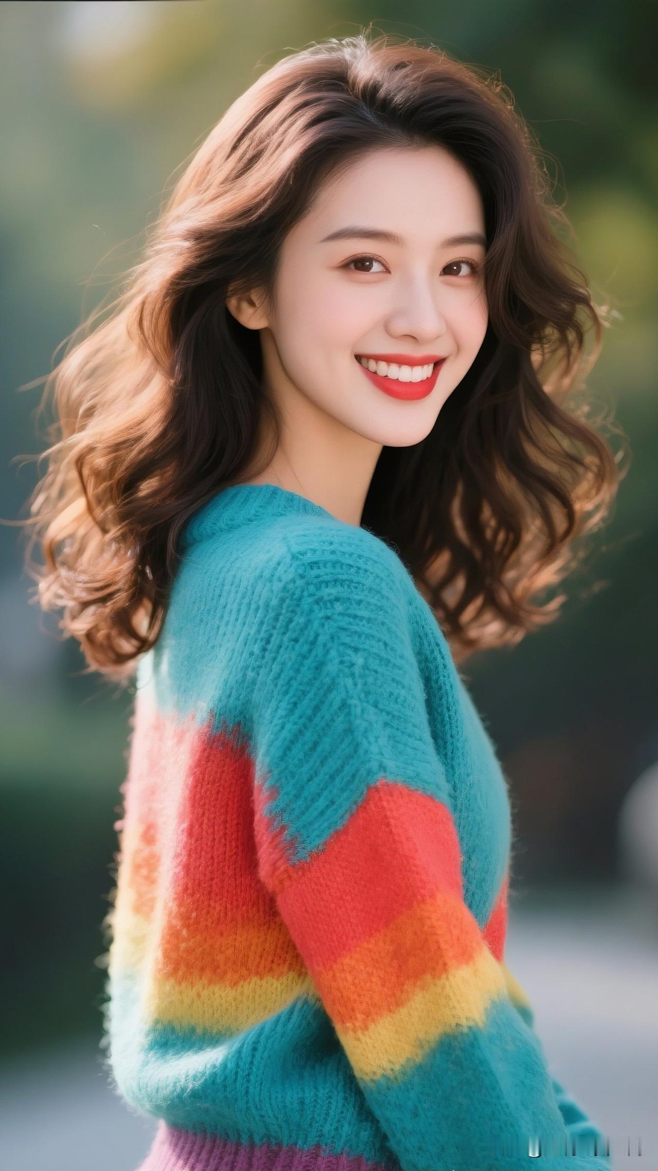 笑靥如花映彩虹，心旷神怡意自悠。你喜欢哪一种气质的美人?元气少女，彩虹毛衣，微