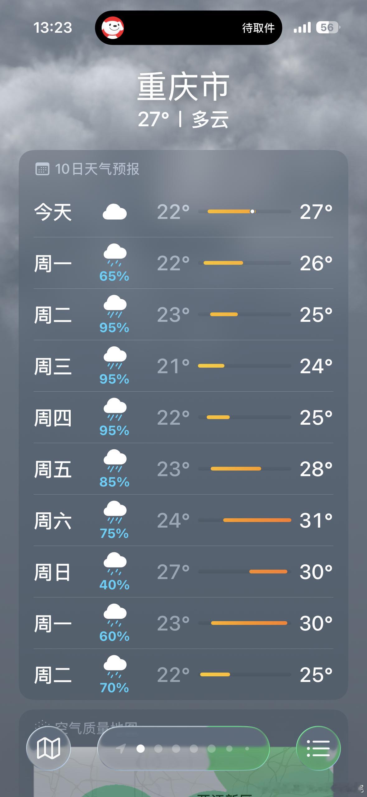 2个坏消息，1个好消息！9月13日到27日，重庆主城区，阴雨连绵，但是，9月19日，星期六，重庆多云
