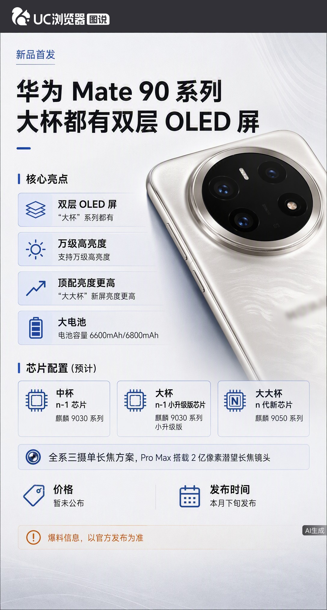 曝华为Mate90系列“大杯”全系上双层OLED，顶配亮度更高。芯片也分三档：ProMax或首发麒麟