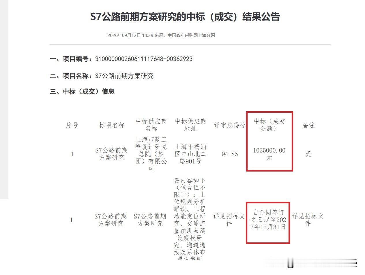 上海S7公路（沪崇高速）前期研究方案近期出炉，时间节点到了27年年底，中标金额仅