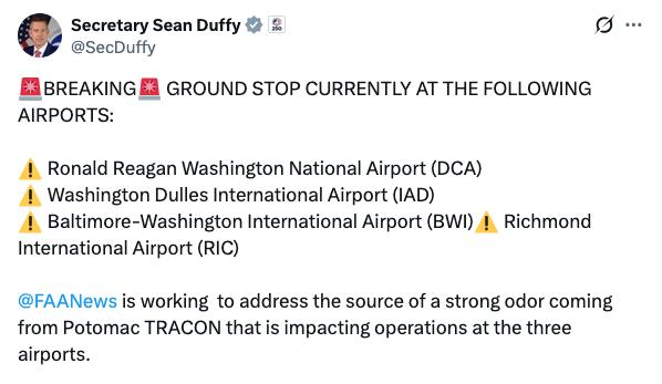 突发新闻——美国交通部部长肖恩·达菲3月14日发布突发通知，华盛顿里根国家机场、