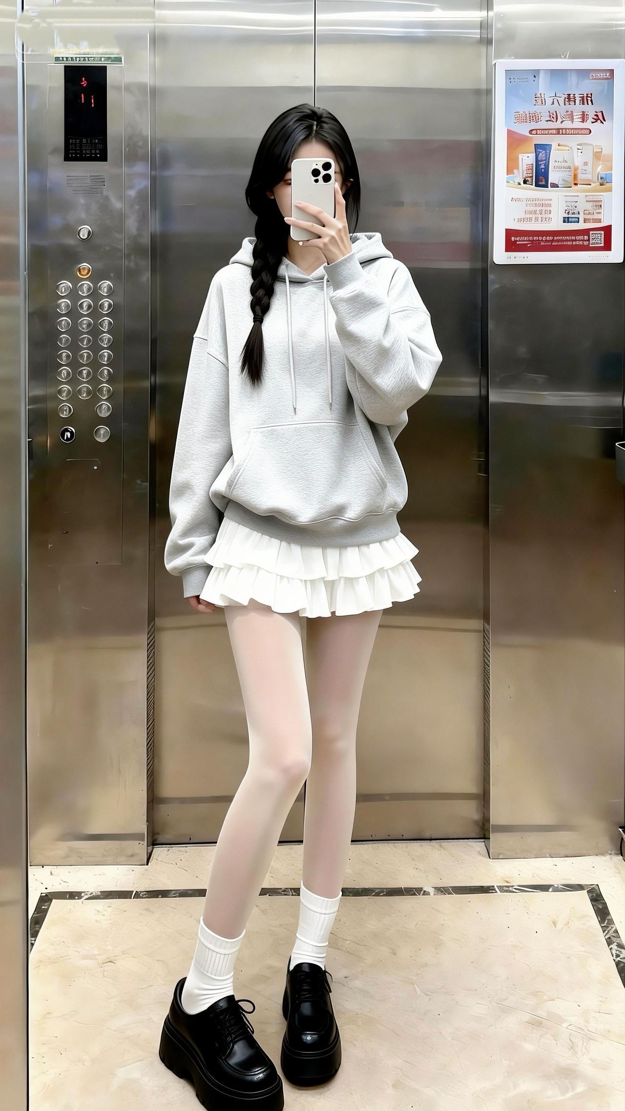 把灰卫衣的松弛和白褶裙的甜搭出了反差感～堆堆袜+厚底鞋一踩，软乎乎的同时又藏着小