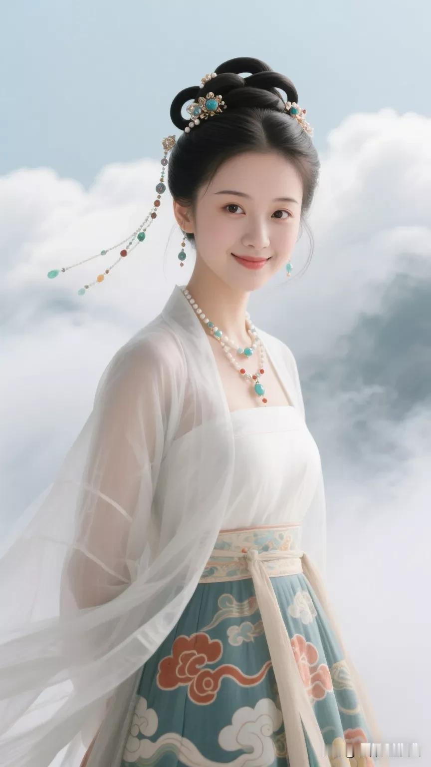 仙气袅袅的古典美人，于云雾氤氲间仿若画中仙子。张立启原创书画AI作品古仕女发髻服