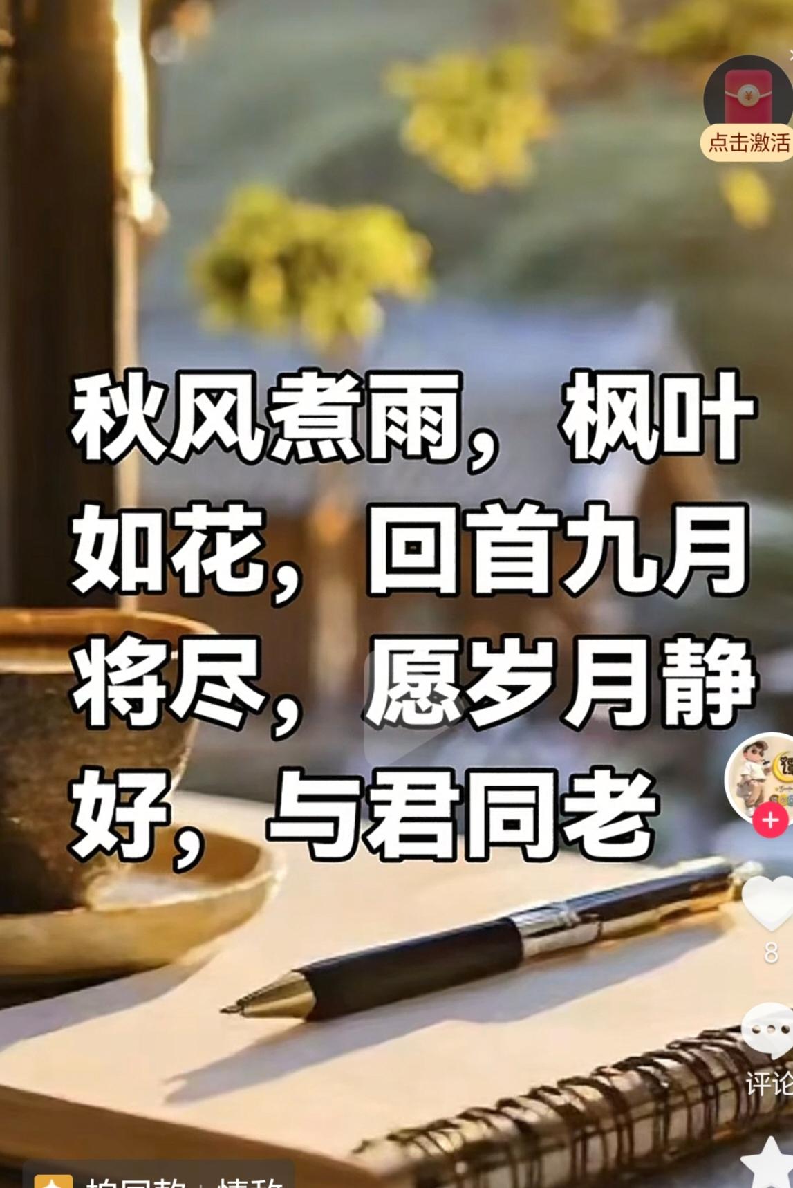 秋风煮雨枫叶如花，九月将尽回首往昔，愿岁月静好与君同老秋风轻拂，细雨绵绵