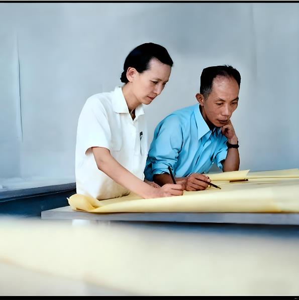 这张拍摄于1950年的照片，记录了46岁的林徽因与同事讨论工作的场景。彼时的她因