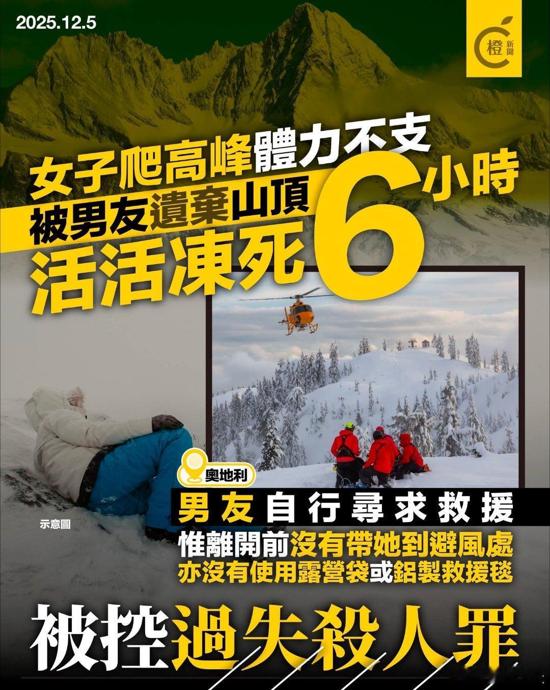 女子爬高峰体力不支，被男友遗弃山顶6小时冻死奥地利一名36岁登山老手今年1月带3