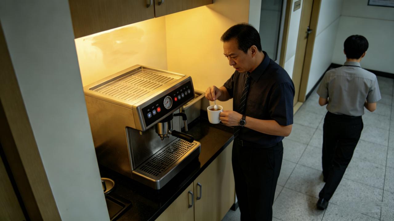 新来的实习生正在倒咖啡。老张端着杯子进来，实习生赶紧让开：“张老师，您先来。”