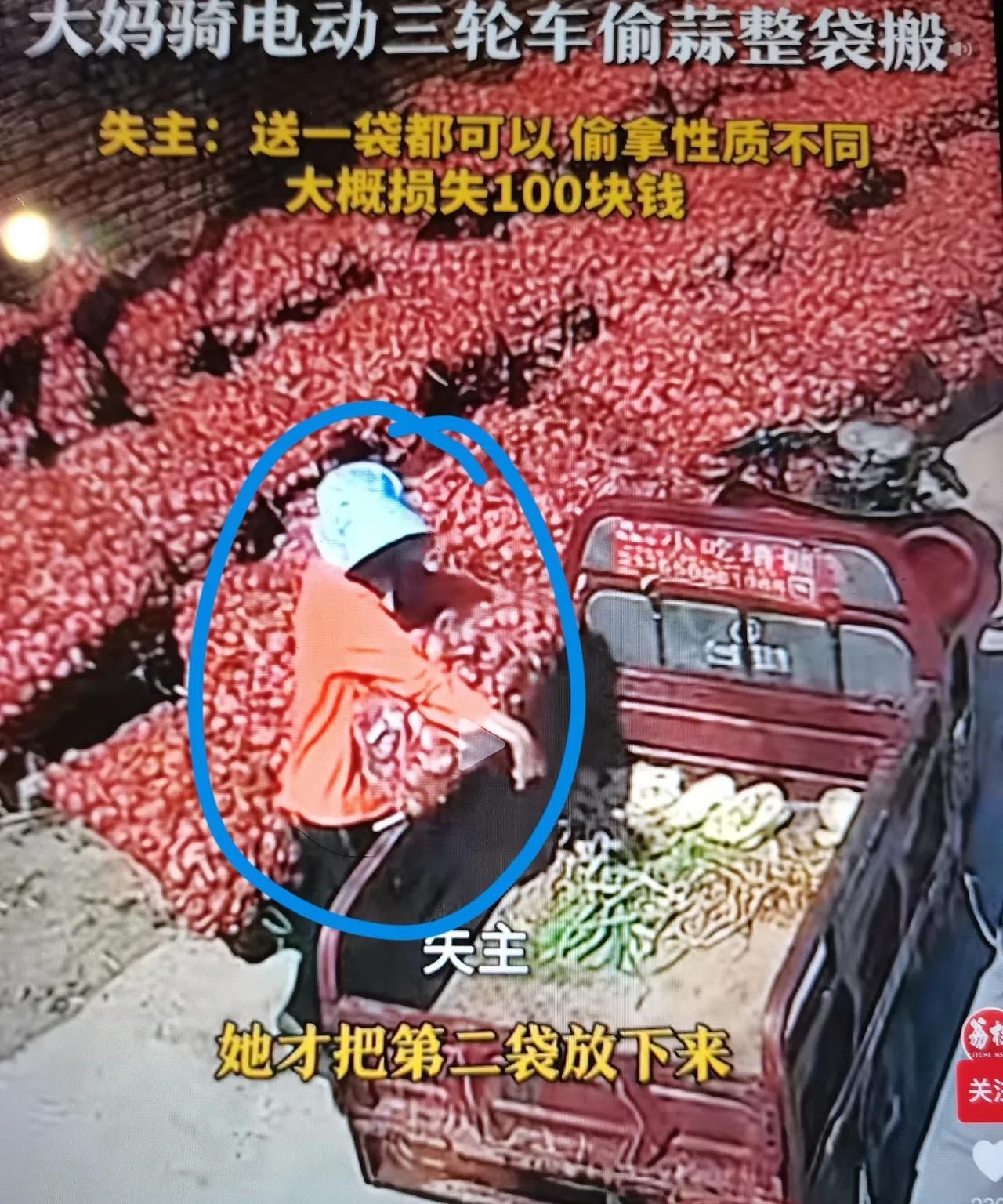事发河南！一大妈骑电动三轮车偷大蒜，下狠手成袋子搬！失主：不是本村的，她就是偷！