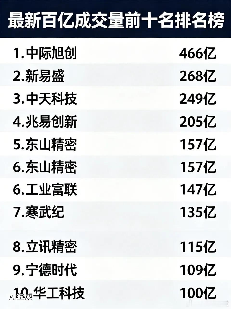 最新百亿成交量前十名排名榜！一中际旭创，全天成交量466亿，二新易盛，全天成交量