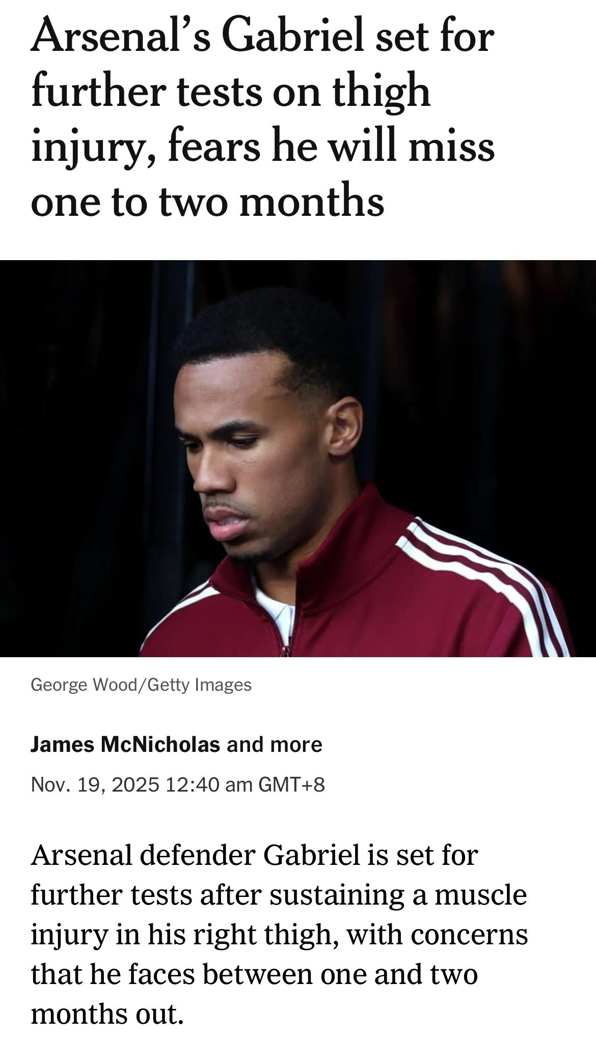 TheAthletic：加布里埃尔因伤缺阵一到两个月（与此前分析遭遇的可能为2