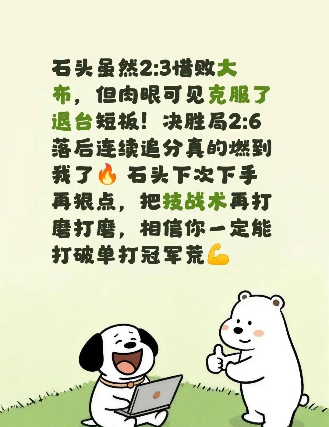 石头虽然2:3惜败大布，但肉眼可见克服了退台短板！决胜局2:6落后连续追分真的燃