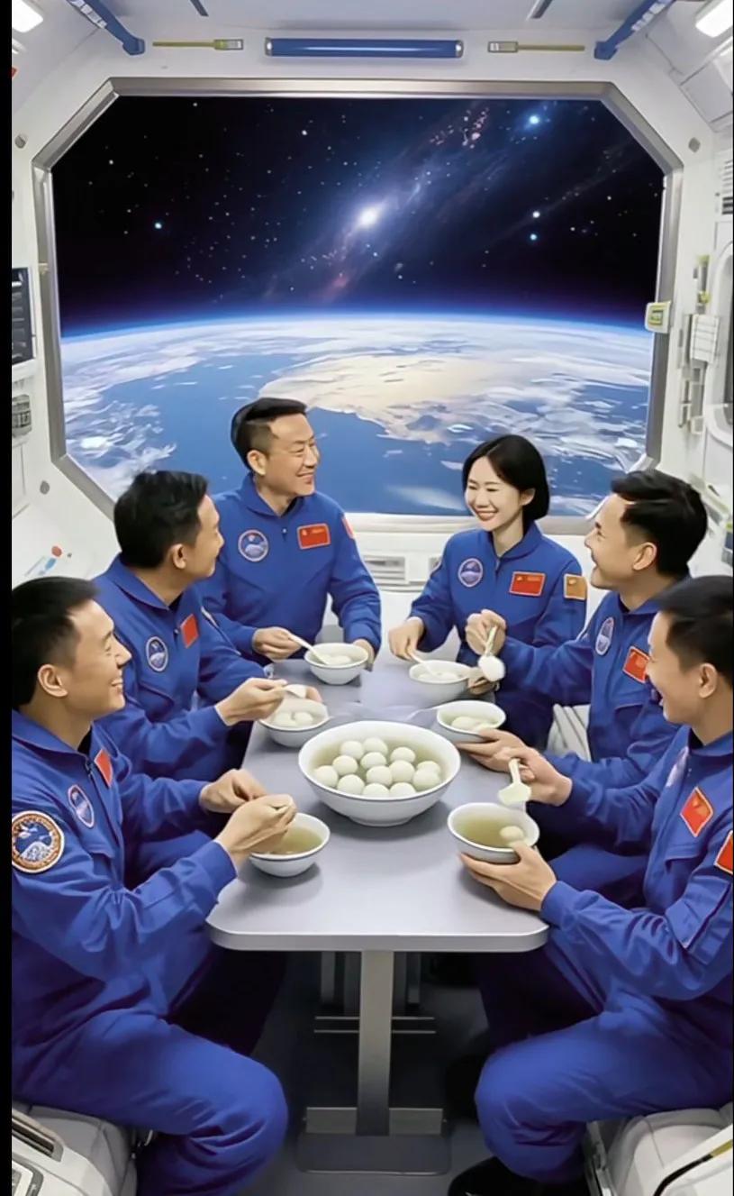 他们吃汤圆，怎么没飘起来了？哈哈，太空吃汤圆可是技术活！航天员有特制餐具固定食