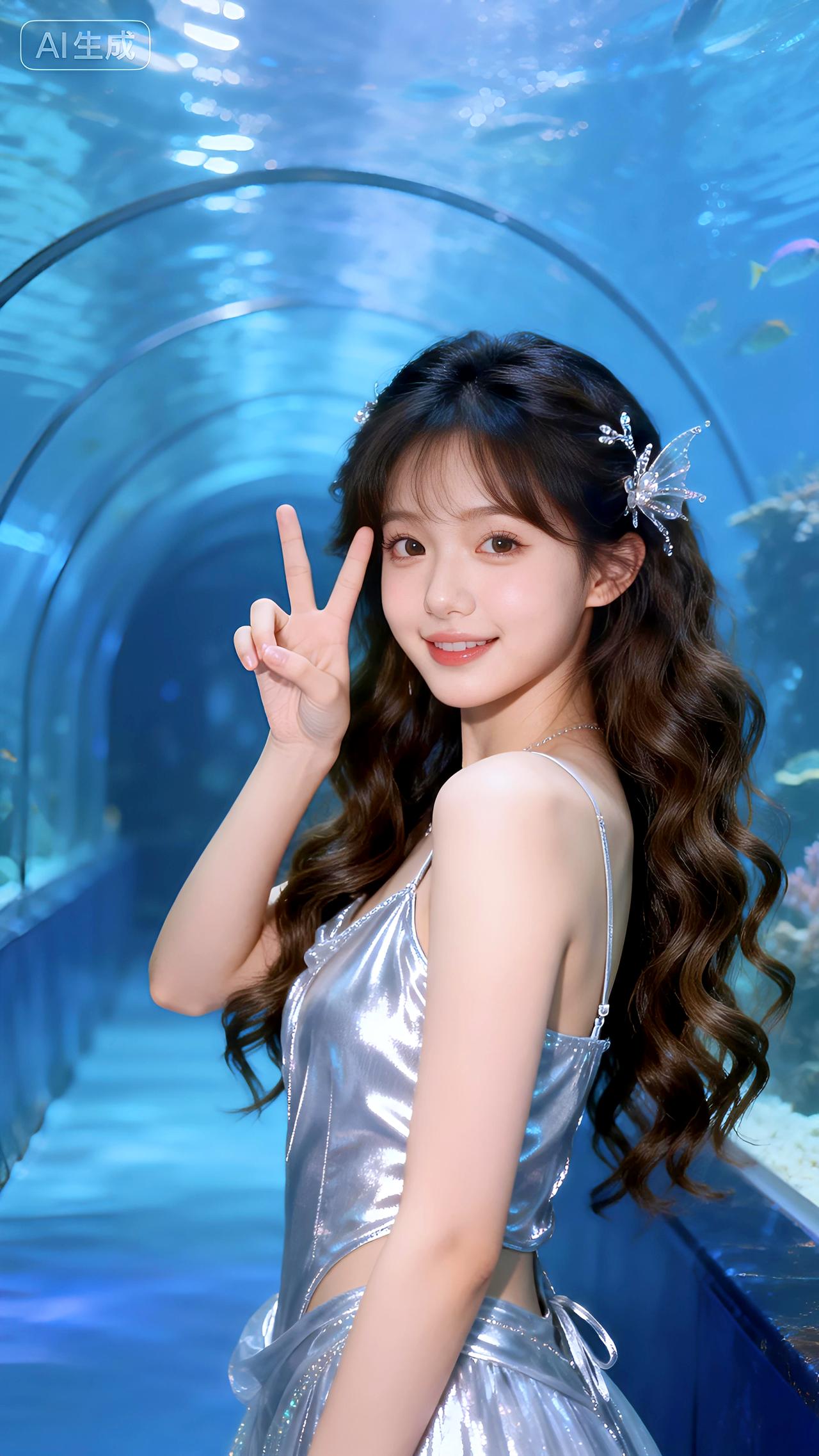 隧道幽蓝浮光影，银裙如水梦游鲸。豆包壁纸写真