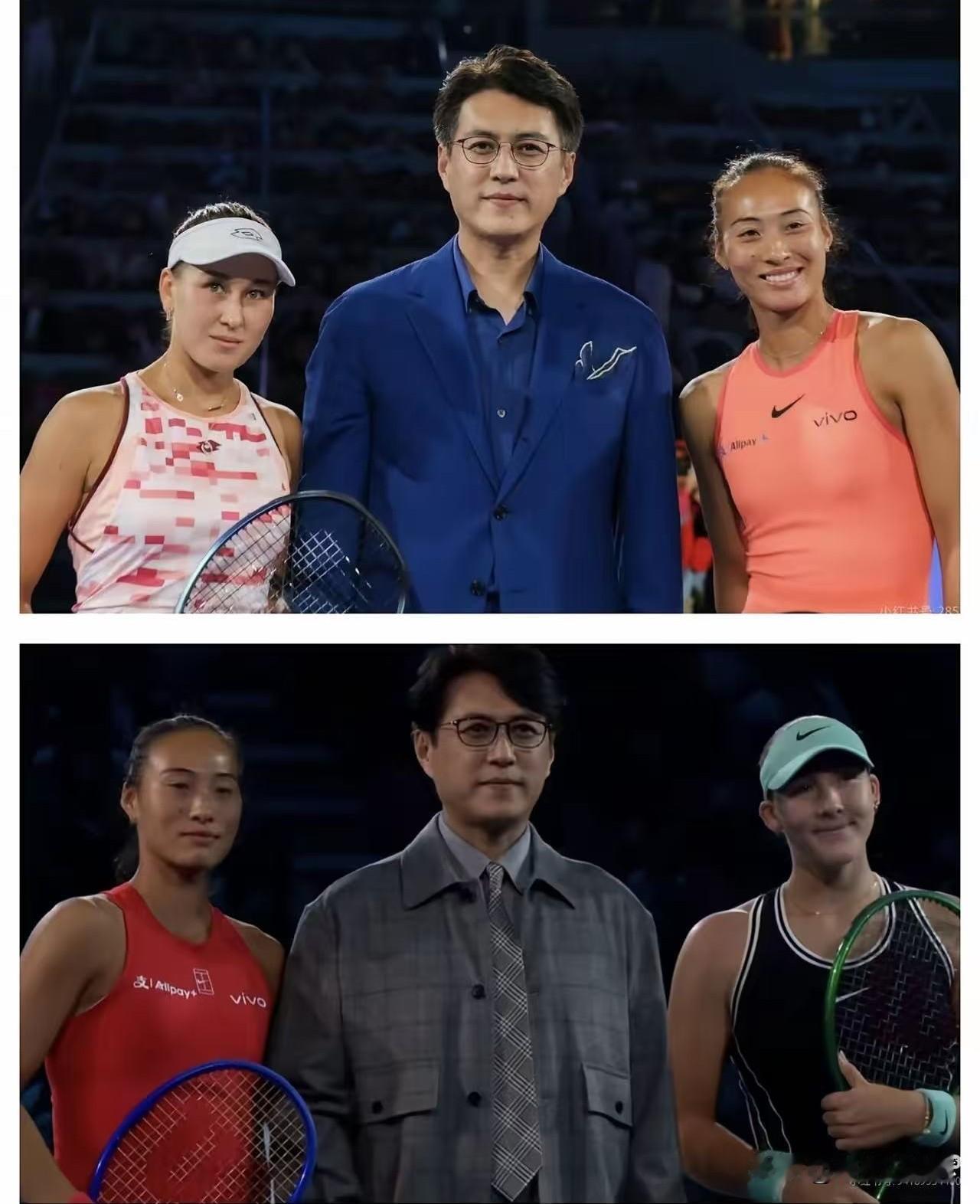 要不说靳东能给中网挑边五次呢。2015年，女单决赛，穆古鲁扎对巴辛斯基。20