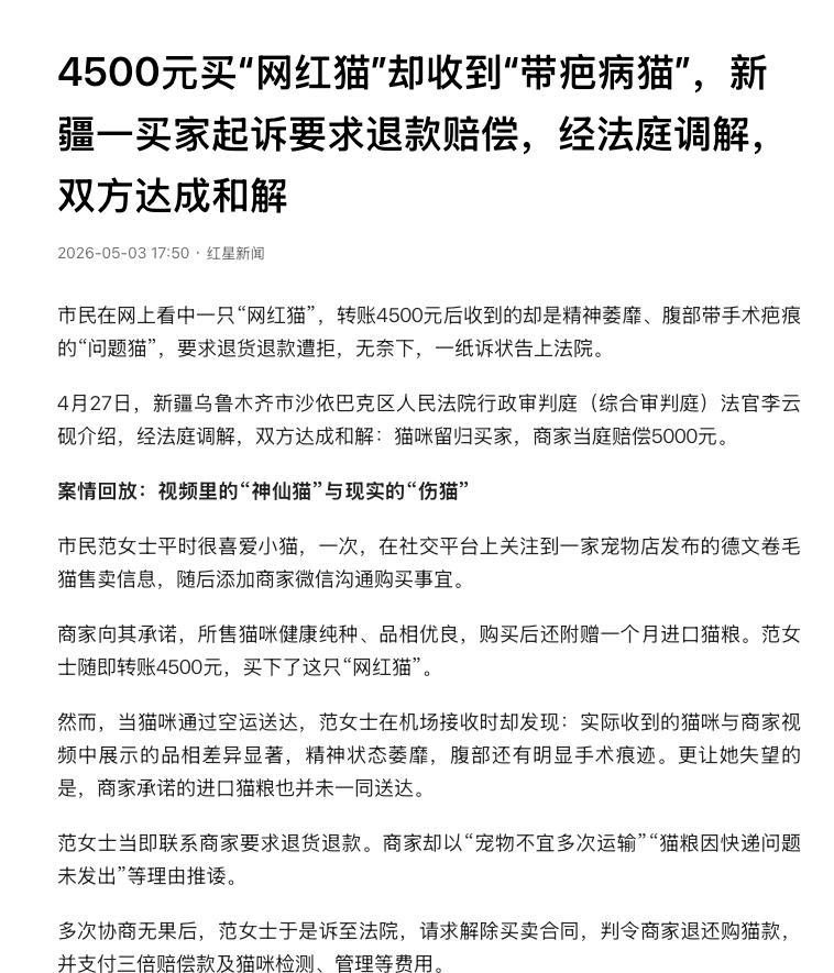 太可恶了！新疆乌鲁木齐，一女子花4500元在网上买了一只品相极佳的德文卷毛网红猫
