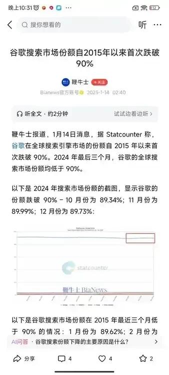 太可怕了，全球搜索引擎市场谷歌占据90%的份额。更可怕的是国内十几亿人口谷歌的市