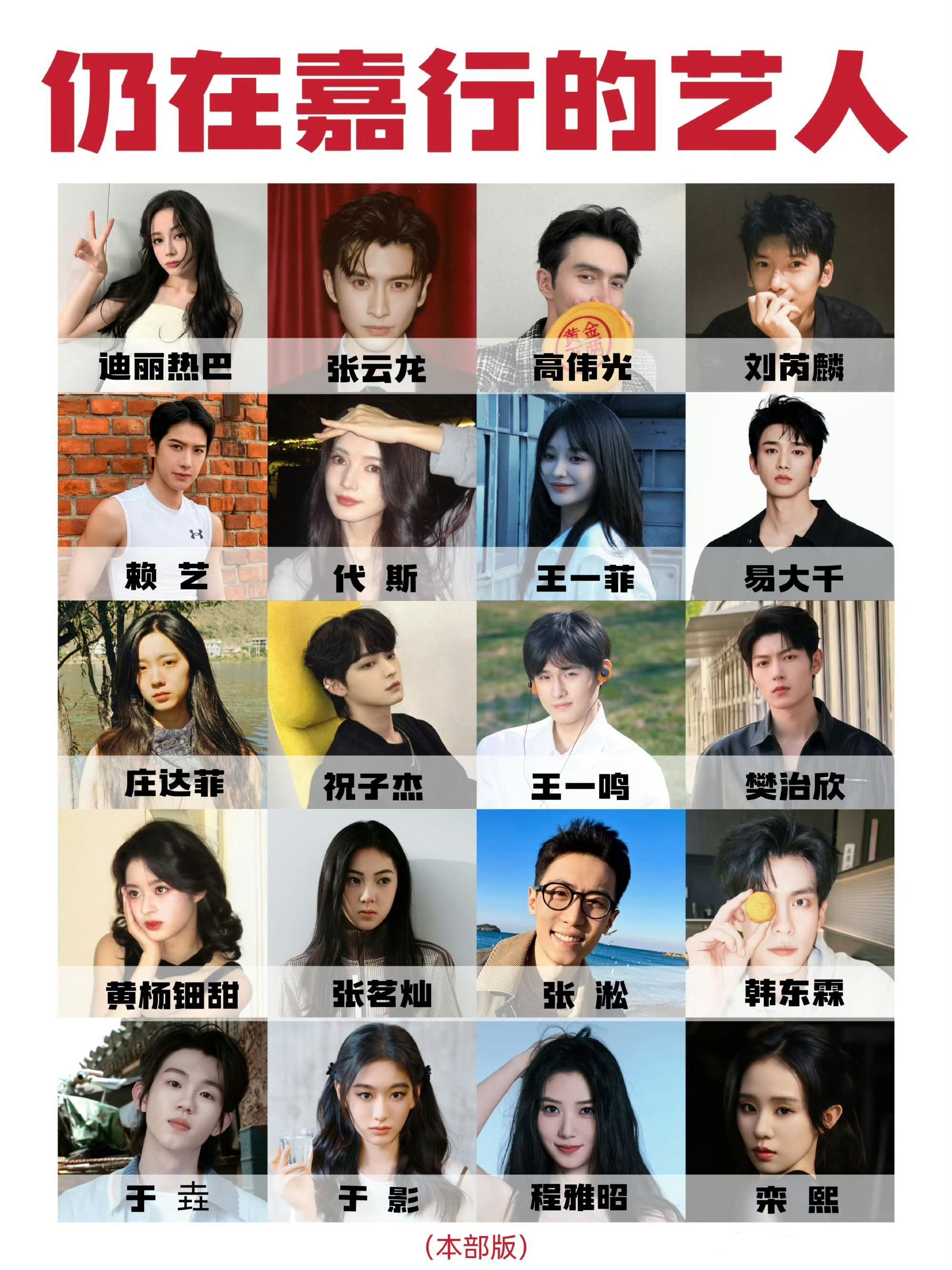 目前仍在嘉行的艺人有迪丽热巴，张云龙，高伟光，刘芮麟，庄达菲，黄杨钿田等，（其他