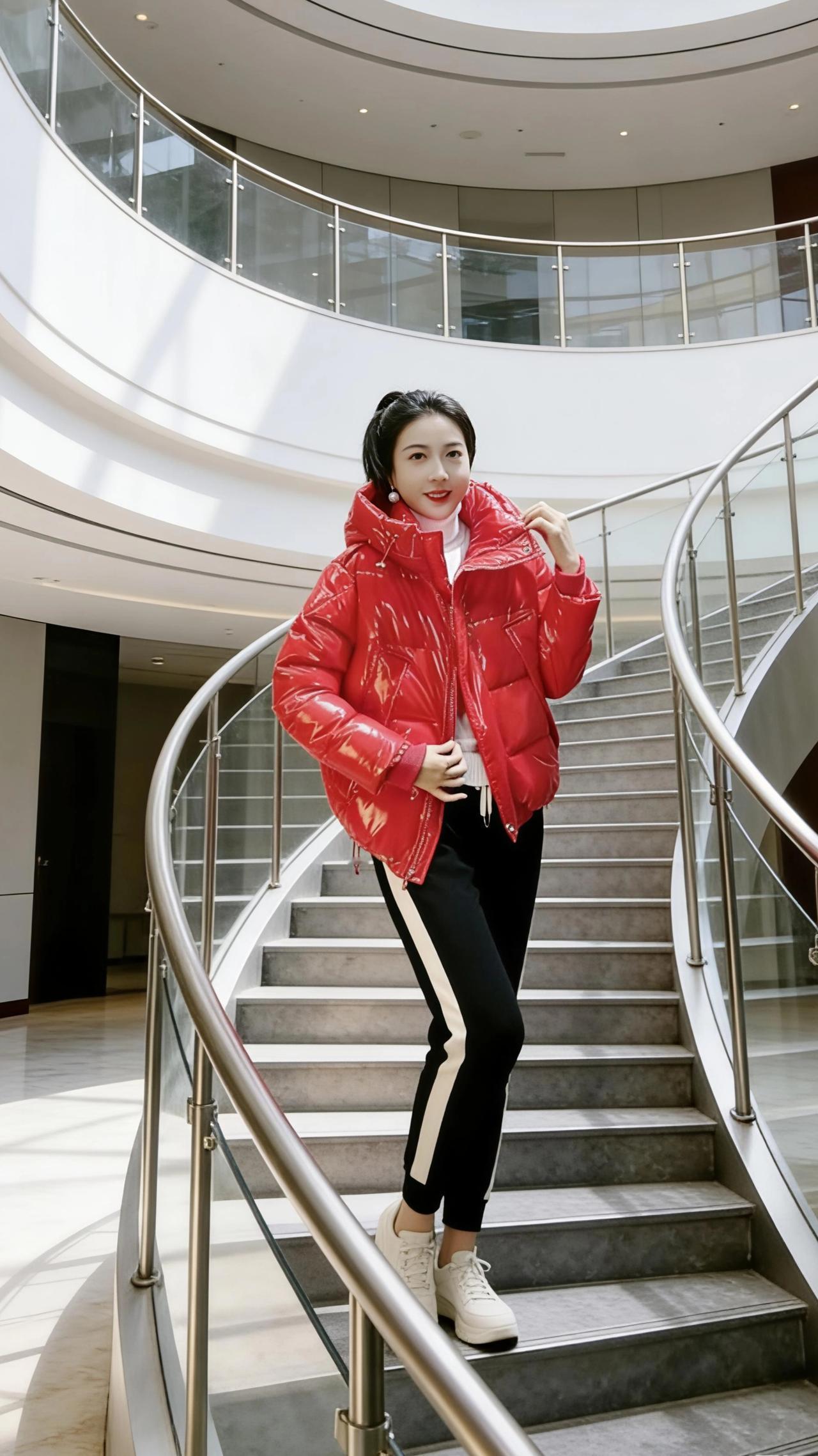 这些鲜亮的棉服，是冬日里跳脱的诗行。她站在环形旋梯的光晕里，薄荷绿的亮面衣