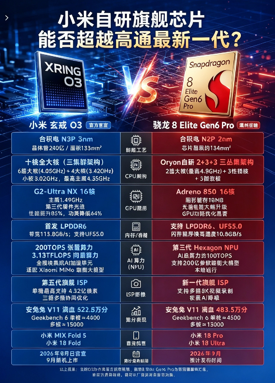 小米玄戒O3对比骁龙8EliteGen6Pro🔥自研旗舰芯片能不能打赢高通新一代？一张硬核参数对比