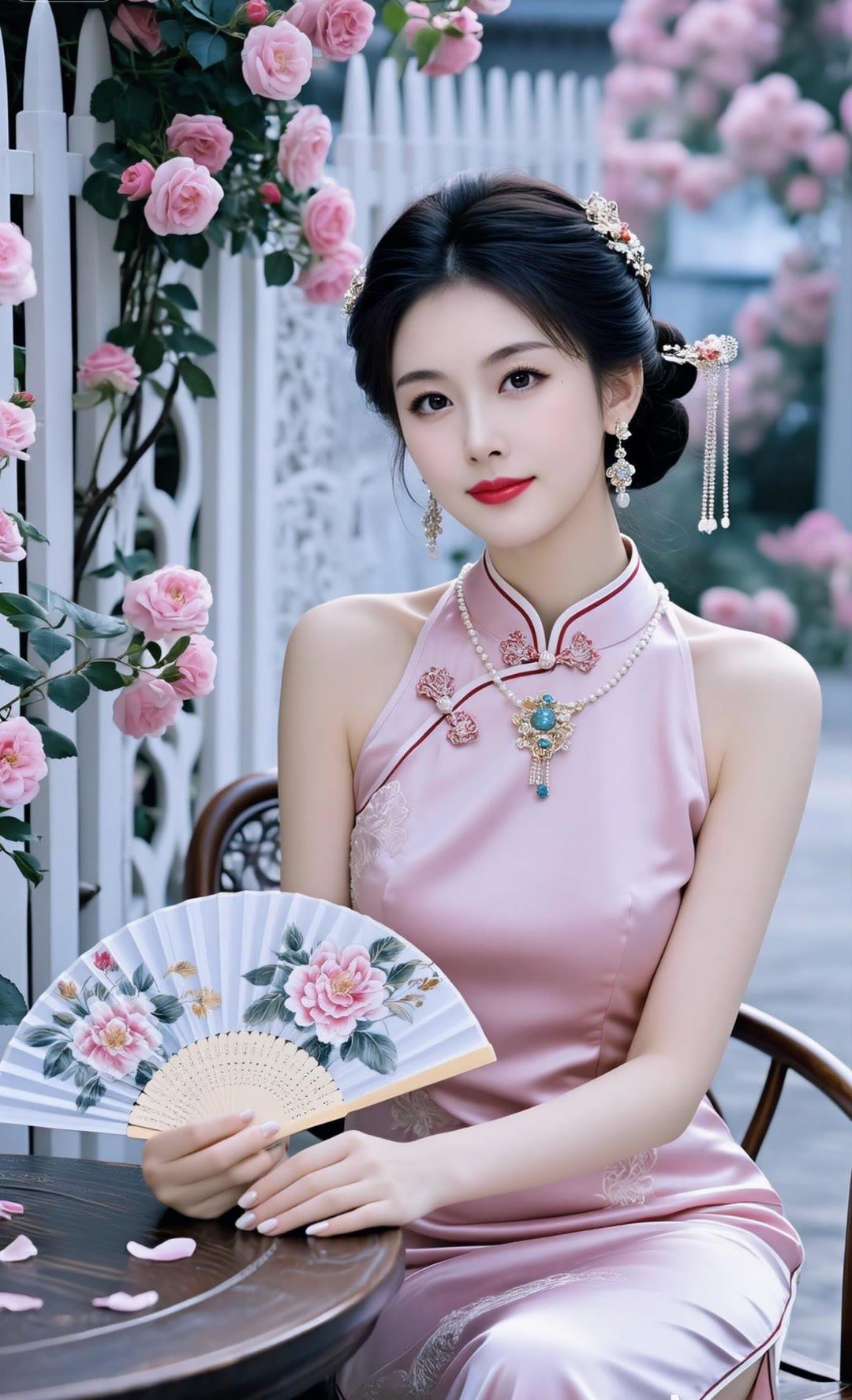 粉嫩少女风，古风旗袍与花扇的完美结合，宛如画中仙子。