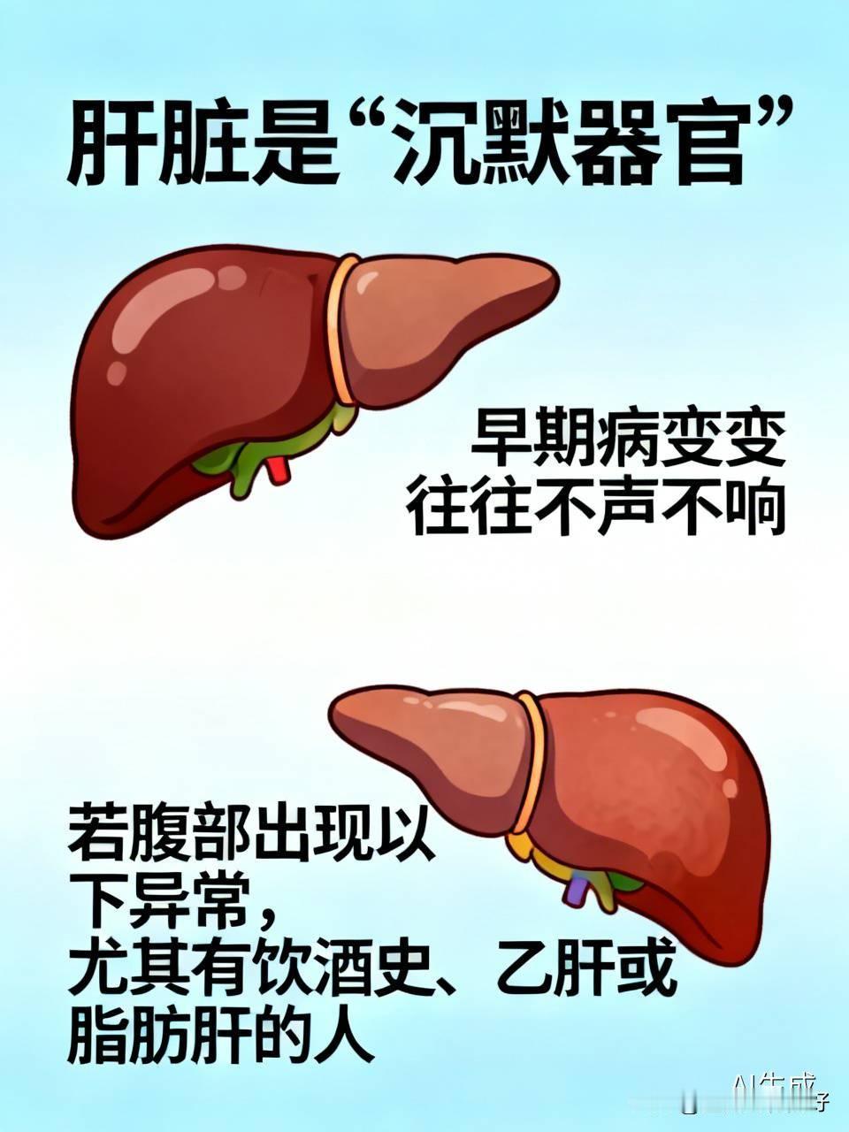 肝脏是“沉默器官”，早期病变往往不声不响。若腹部出现以下异常，尤其有饮酒史、乙肝