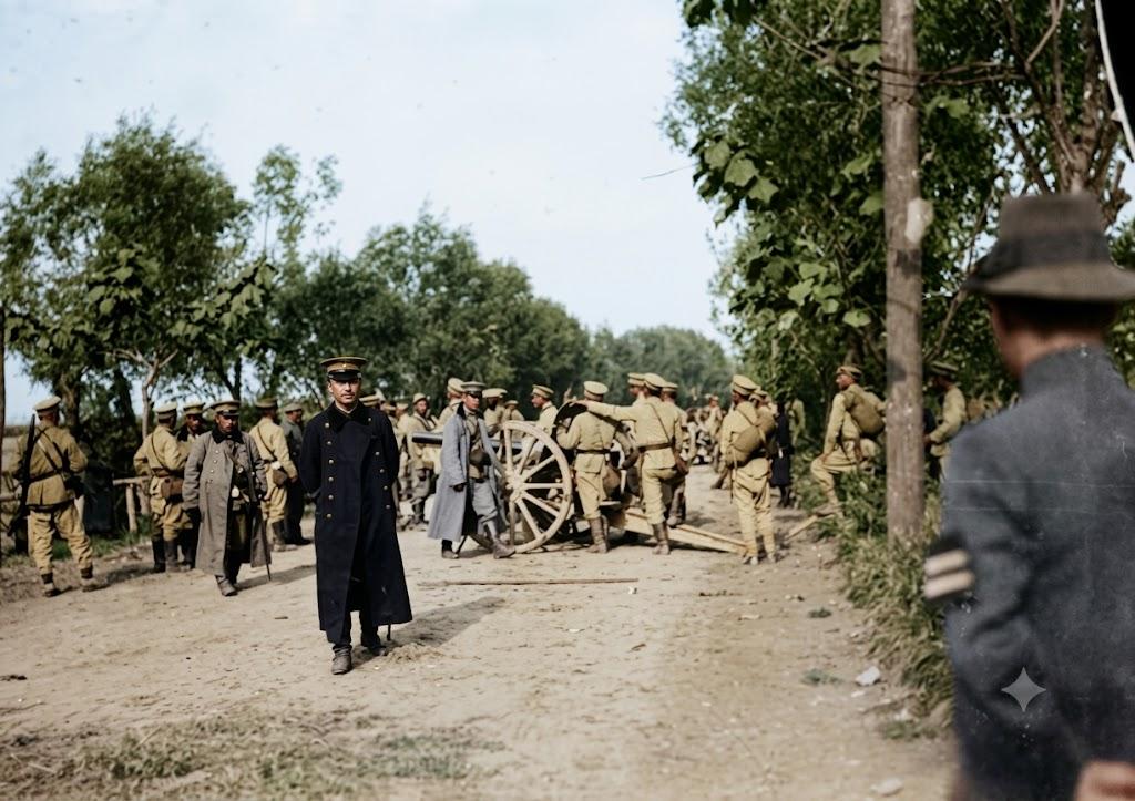 1911年，辛亥革命期间，汉口街头，一队士兵正沿着土路牵引着一门野战炮行进，部分