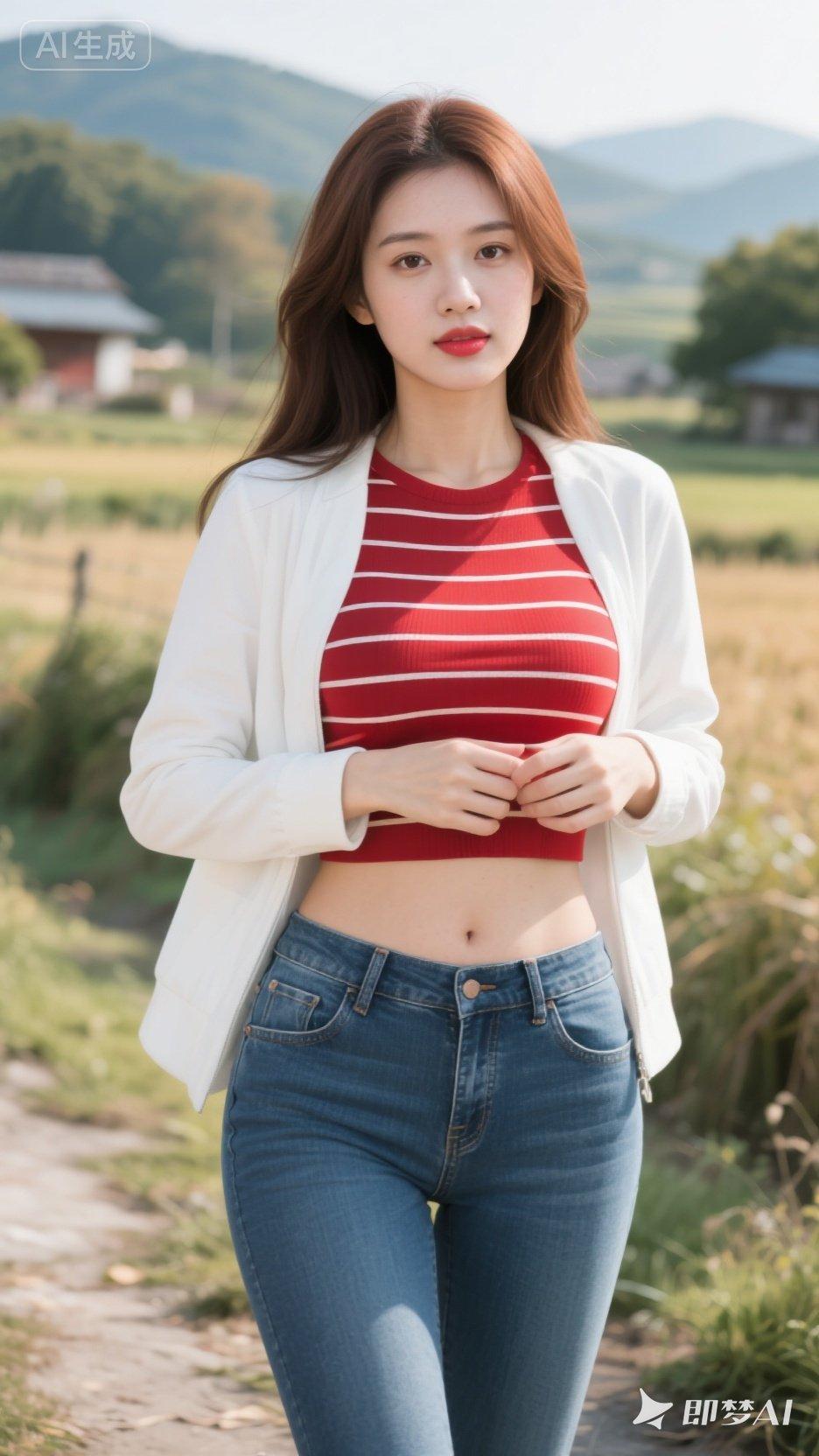 田园少女风穿搭，红白条纹上衣+牛仔裤，清新自然！🌿👗👖