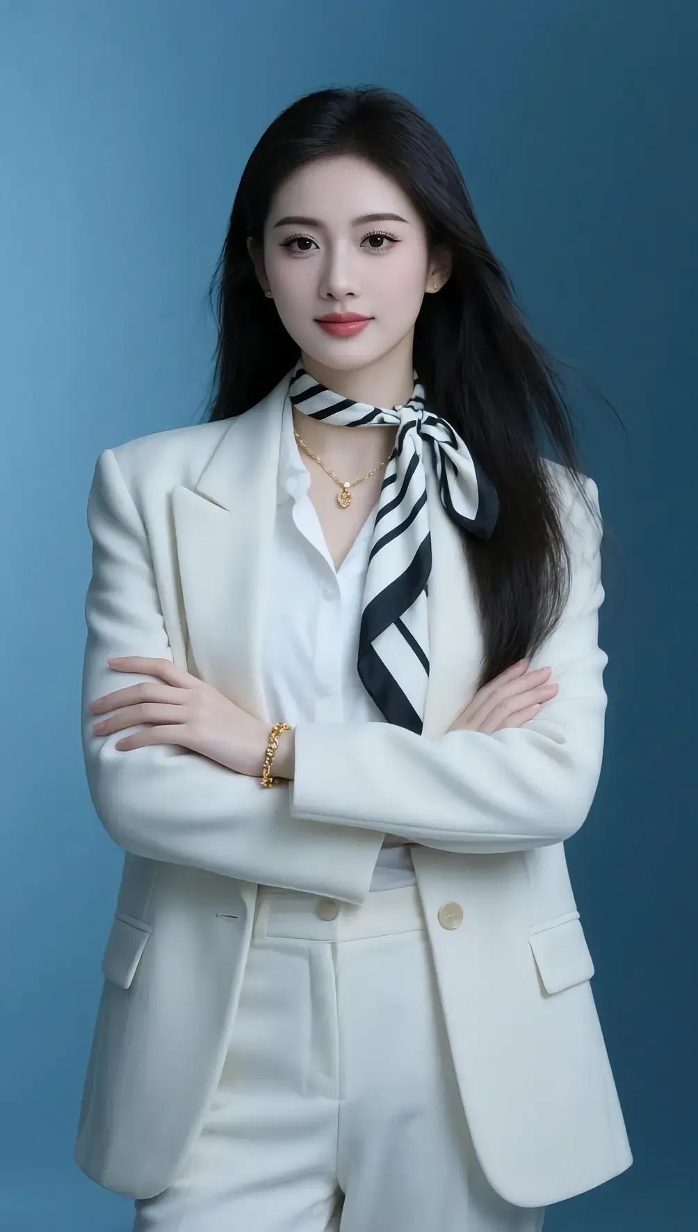 职场优雅风，白西装搭配黑条纹，自信满满！