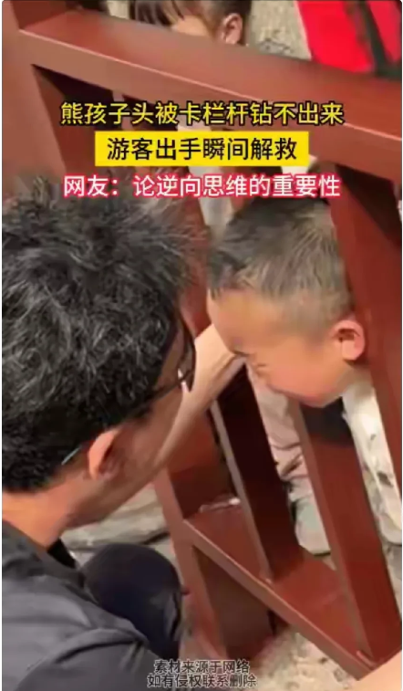 “终于来了个聪明人！”五一游玩时，小孩头卡在栏杆里钻不出来，家长拼命生拉硬拽，小
