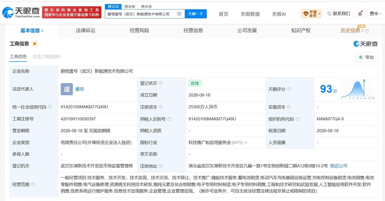 【蔚能电池在武汉成立新能源技术公司注册资本2.53亿】天眼查App显示，近日