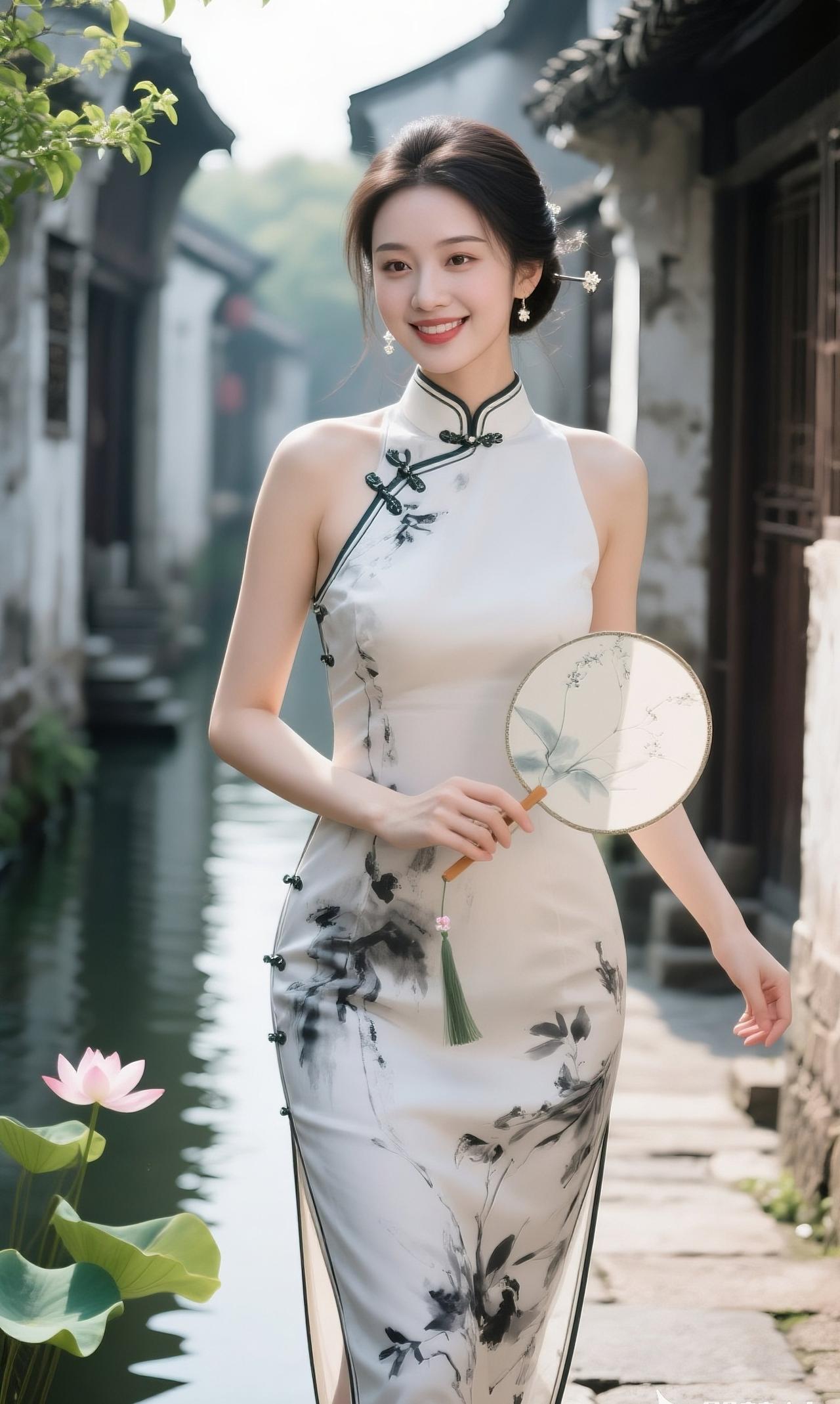 江南水乡，旗袍美人，手持团扇，笑靥如花。旗袍旗袍美女东方美江南风旗袍照旗
