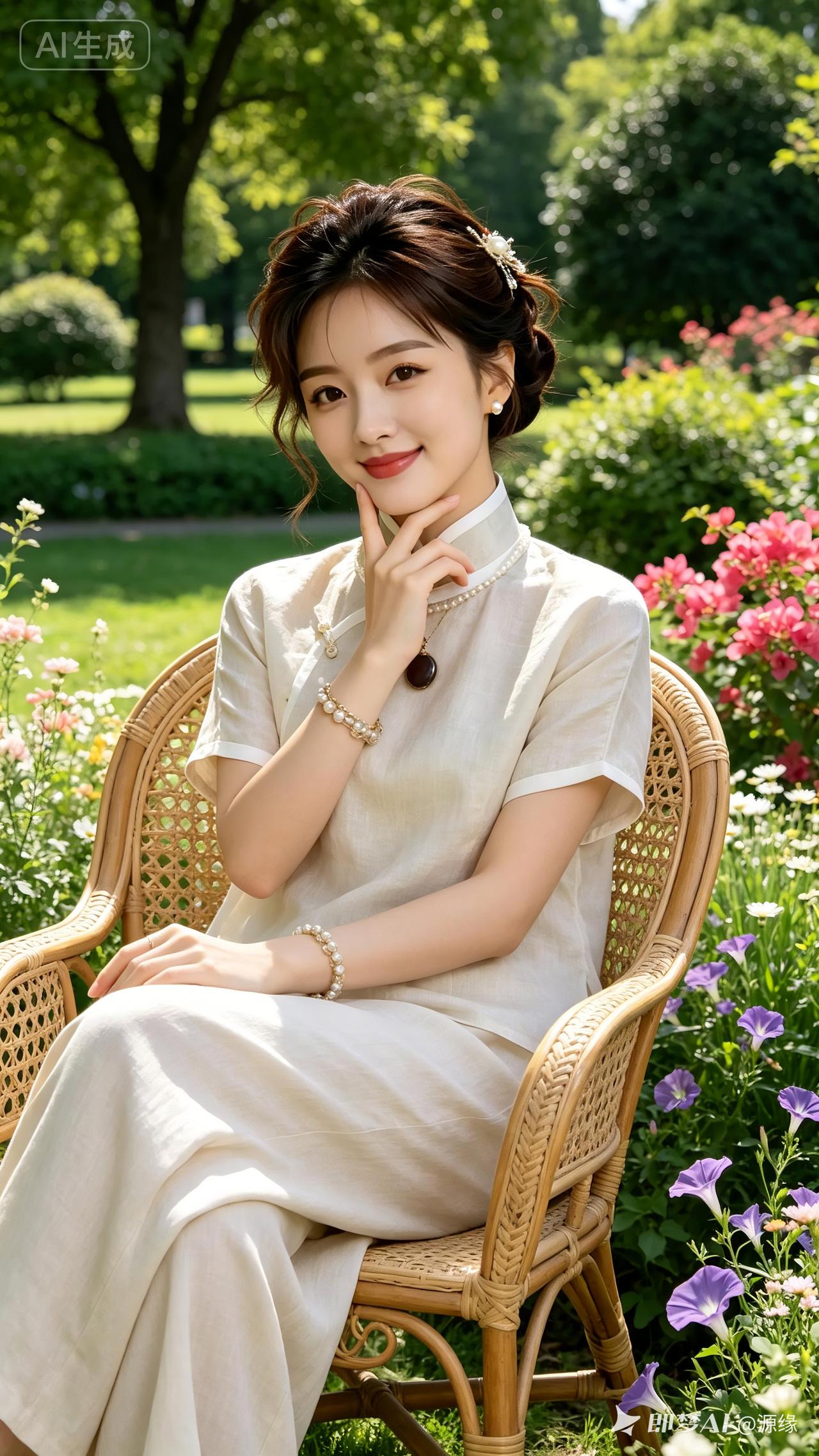 一位女士在花园里优雅地坐着。