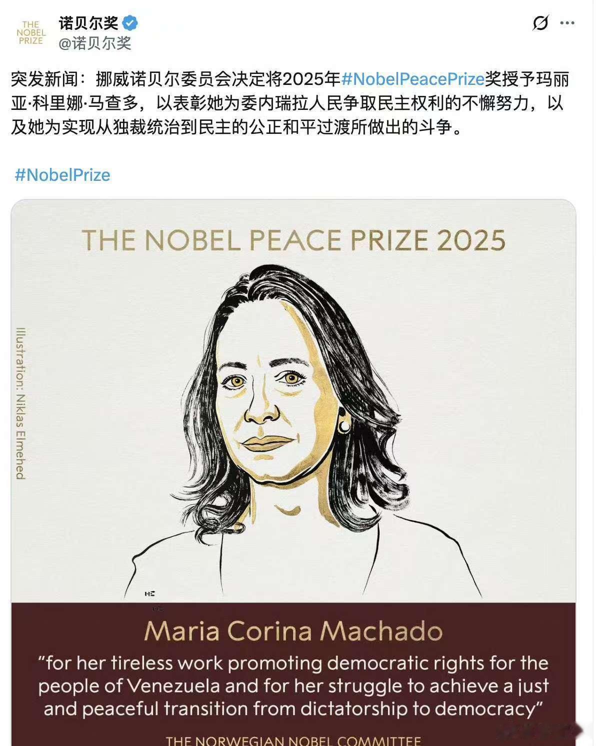 2025诺贝尔和平奖公布川普得小破防一下吧之前还觉得自己应该拿和平奖的，还说了“