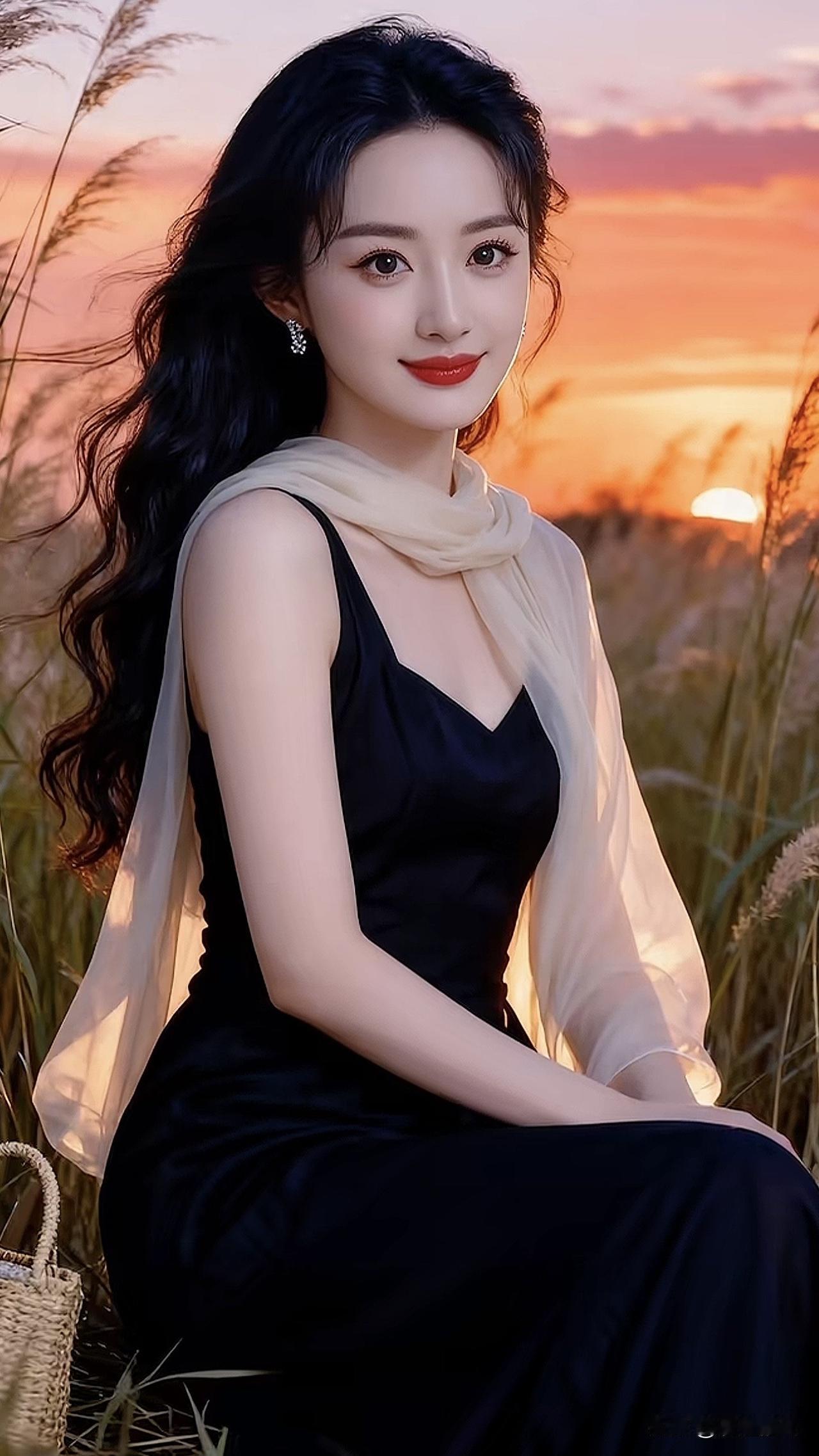 夕阳下的优雅时光，黑裙与纱巾的完美结合，自然与美丽的完美融合。黑裙知性照高级质