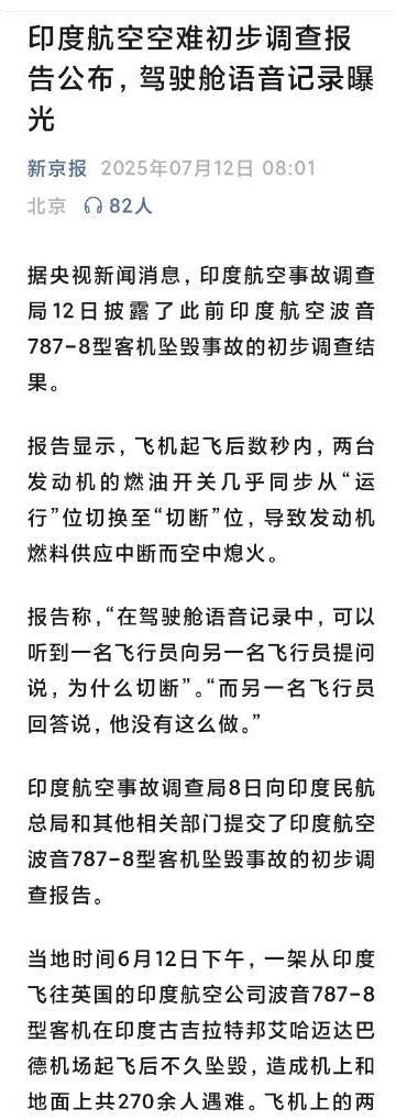 印度客机坠毁，真相出来了，发动机燃油被切断这个解释合理。飞行员问另一个人，为什